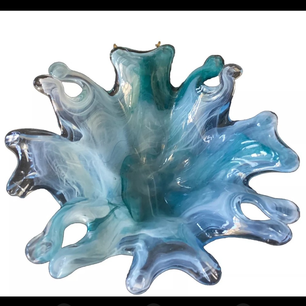 Vintage Art Glass Bowl Blues & White Swirl Wavy Design Hand Blown 7.5”